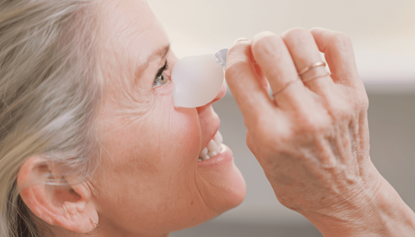 Close-up of woman wearing a Snooze hydrogel eye patch